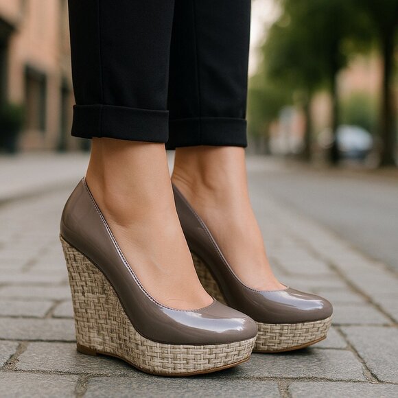 STEVE MADDEN Elli Rattan Wedges 7.5 Wedge Woven Heels Platform Vegan Patent - Picture 1 of 16